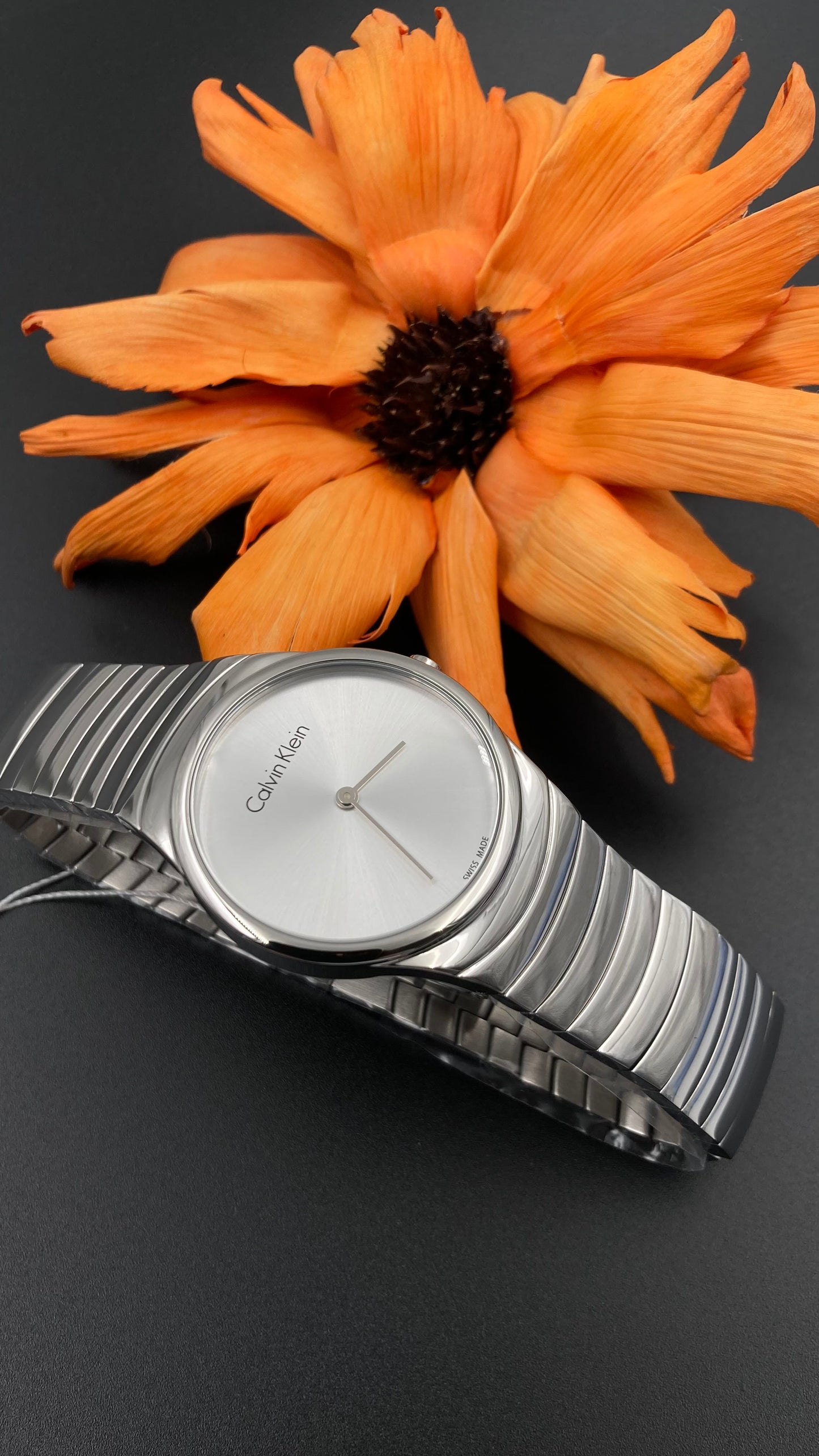 Neue, in der Schweiz hergestellte CALVIN KLEIN Whirl Damenuhr aus Edelstahl mit silbernem Zifferblatt