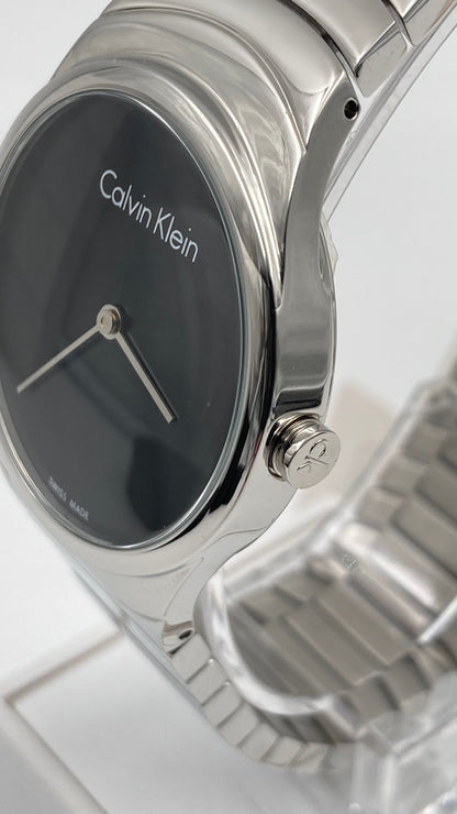 Neue, in der Schweiz hergestellte CALVIN KLEIN Whirl Damenuhr aus Edelstahl mit schwarzem Zifferblatt