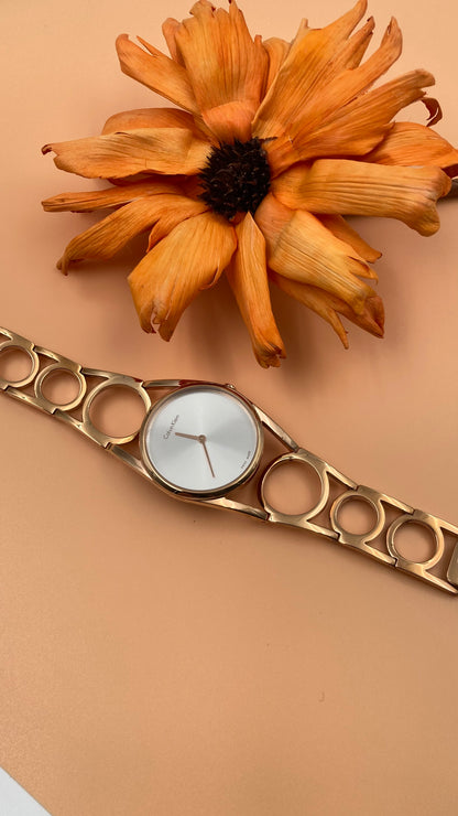 New Swiss Made CALVIN KLEIN Round Silver Dial Small Rose Gold PVD Ladies Watch