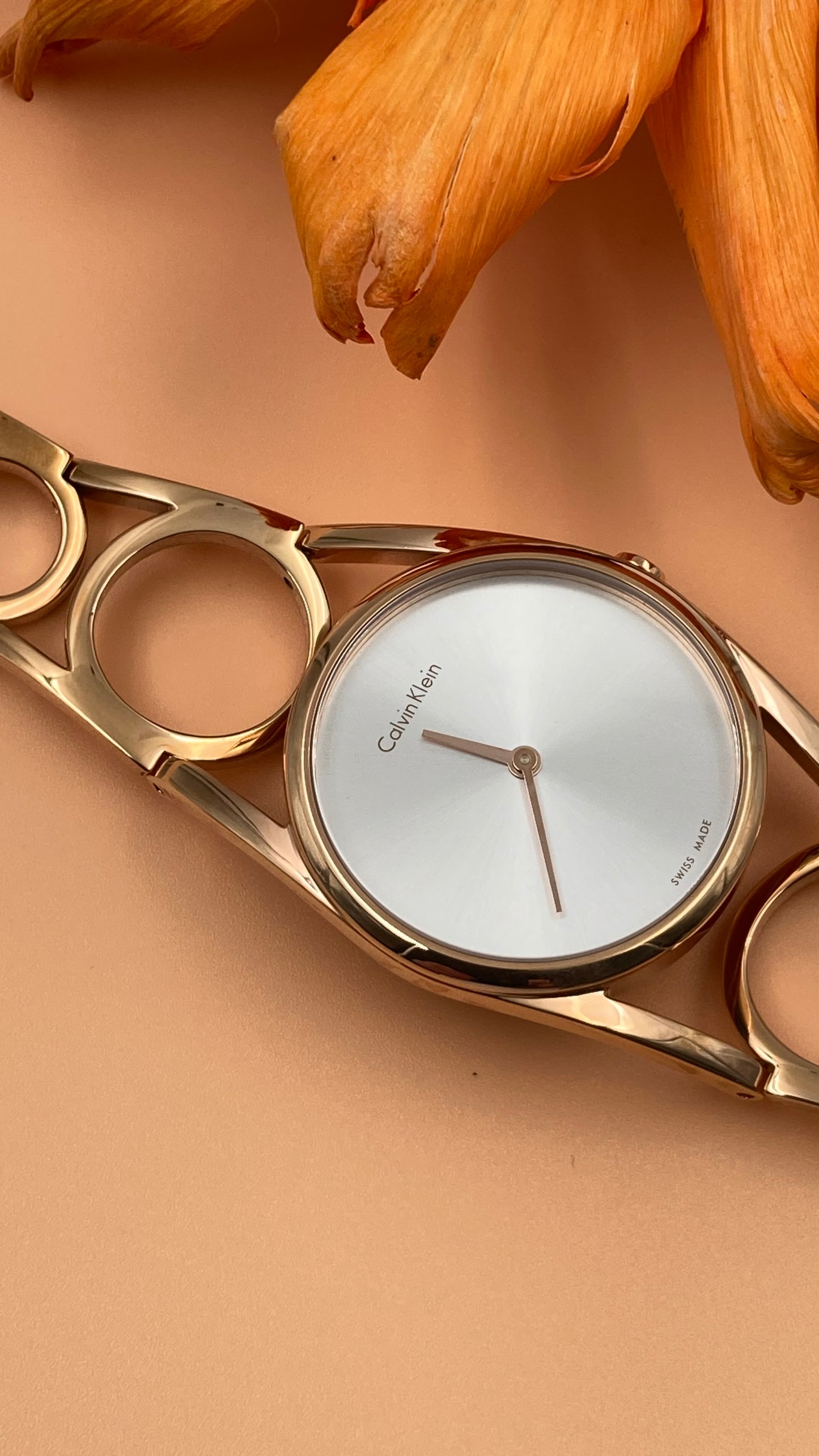 New Swiss Made CALVIN KLEIN Round Silver Dial Small Rose Gold PVD Ladies Watch