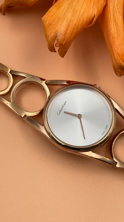 New Swiss Made CALVIN KLEIN Round Silver Dial Small Rose Gold PVD Ladies Watch