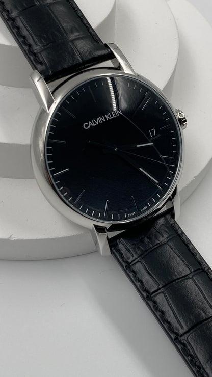 New Swiss Made CALVIN KLEIN Established Black Dial Black Leather Men's Quartz Watch