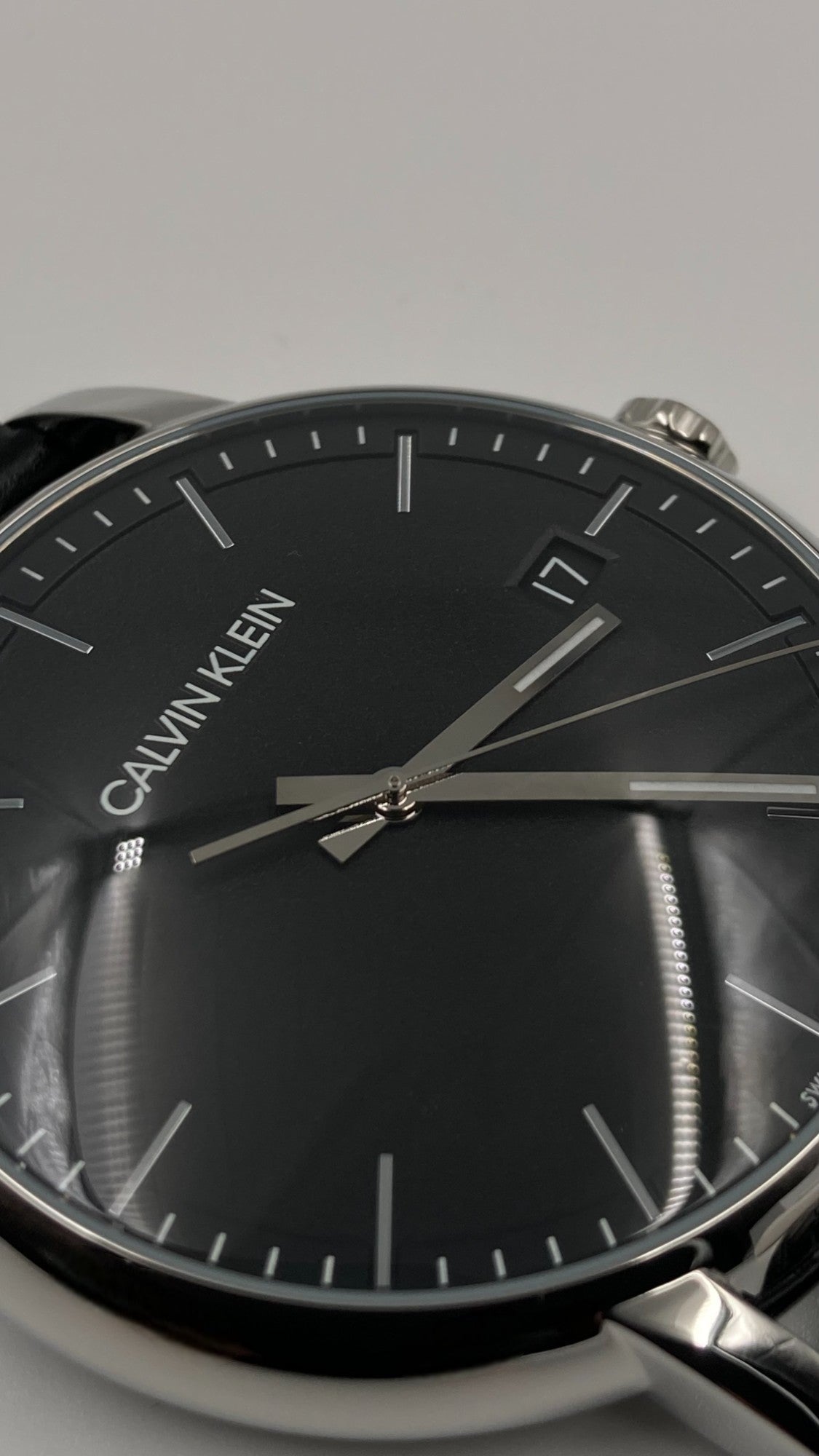 New Swiss Made CALVIN KLEIN Established Black Dial Black Leather Men's Quartz Watch