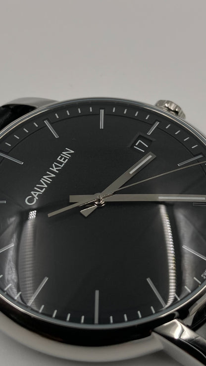 New Swiss Made CALVIN KLEIN Established Black Dial Black Leather Men's Quartz Watch