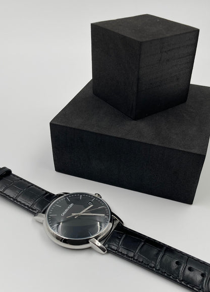 New Swiss Made CALVIN KLEIN Established Black Dial Black Leather Men's Quartz Watch