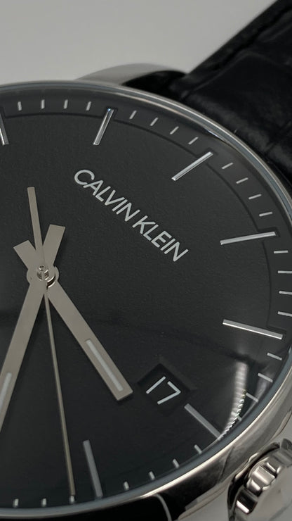 New Swiss Made CALVIN KLEIN Established Black Dial Black Leather Men's Quartz Watch