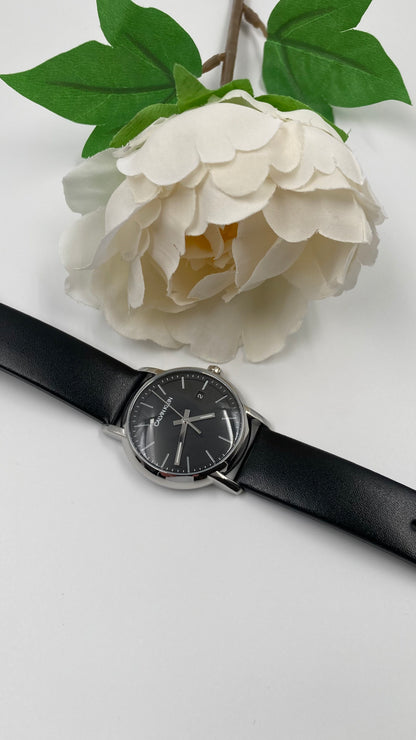 New Swiss Made CALVIN KLEIN Established Black Dial Ladies Leather Quartz Watch