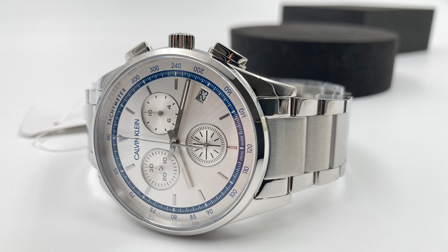 New Swiss Made CALVIN KLEIN Completion Chronograph Quartz Silver Dial Men's Watch