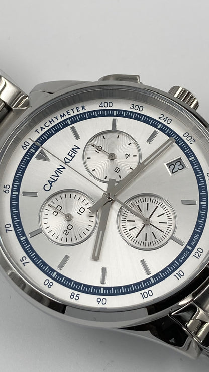 New Swiss Made CALVIN KLEIN Completion Chronograph Quartz Silver Dial Men's Watch