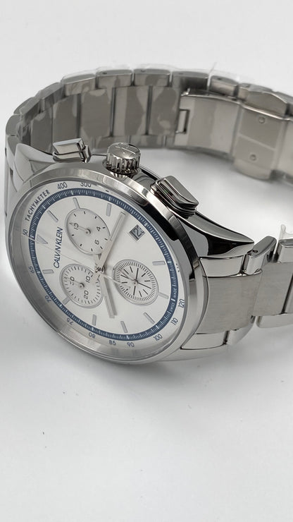 New Swiss Made CALVIN KLEIN Completion Chronograph Quartz Silver Dial Men's Watch