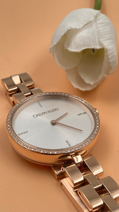New Swiss Made CALVIN KLEIN Elegance Quartz Crystal Silver Dial Ladies Watch