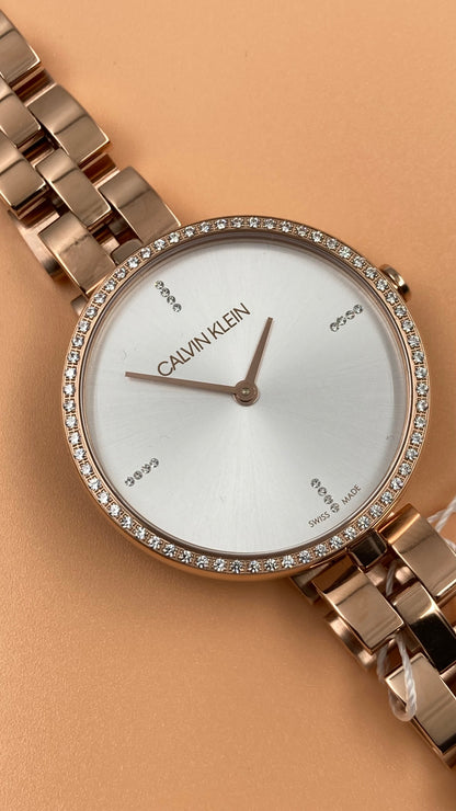 New Swiss Made CALVIN KLEIN Elegance Quartz Crystal Silver Dial Ladies Watch