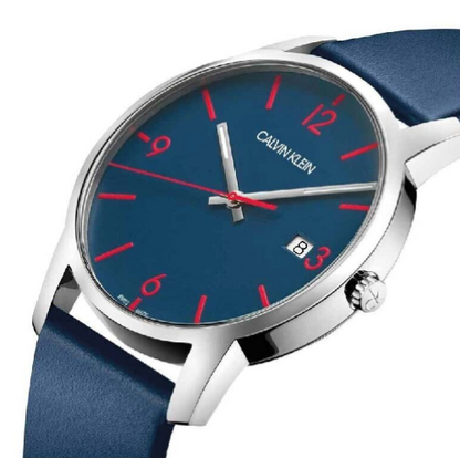 Neue, in der Schweiz hergestellte CALVIN KLEIN City Quartzuhr mit blauem Zifferblatt