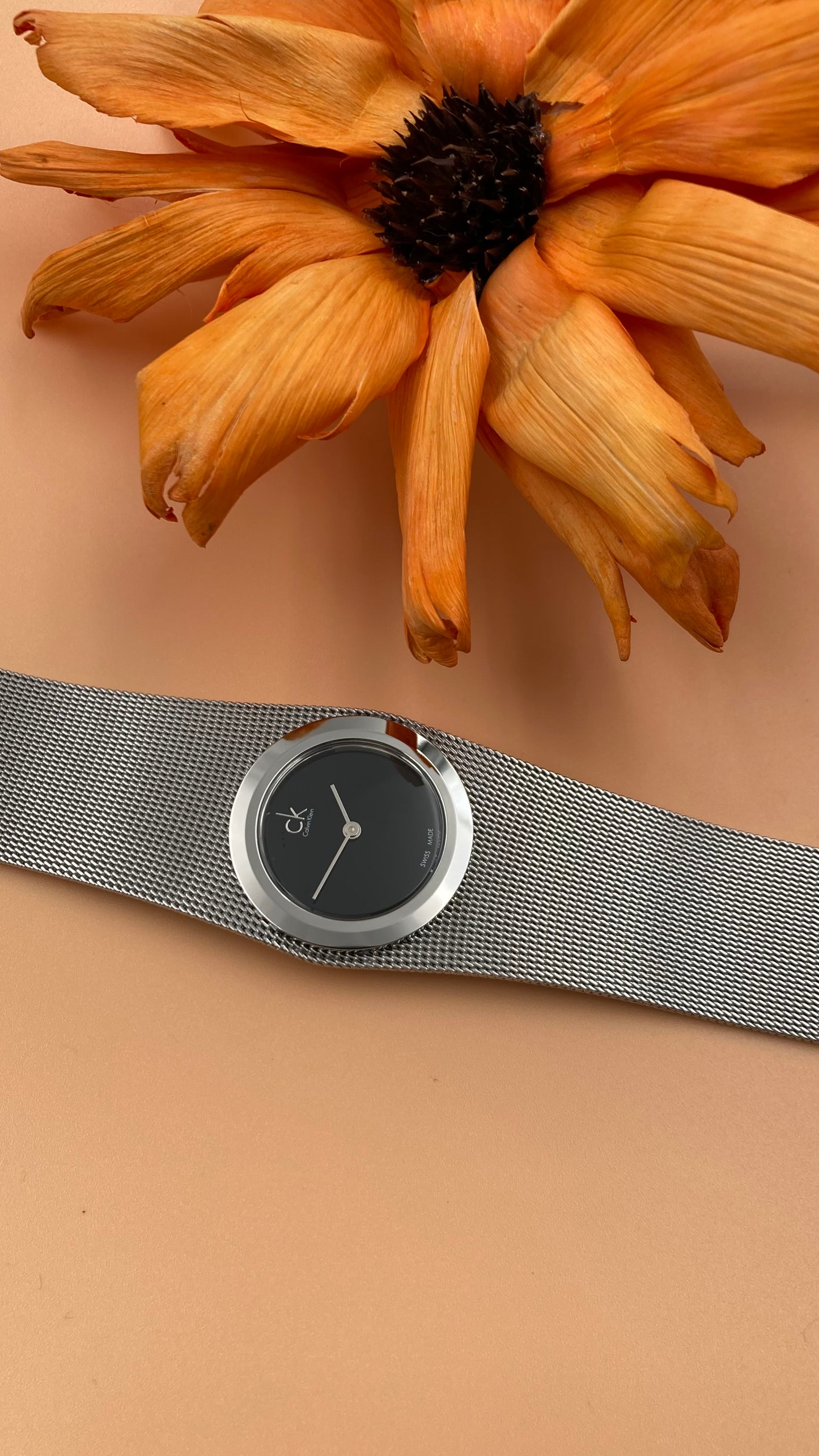 New Swiss Made CALVIN KLEIN Impulsive Black Dial Steel Mesh Ladies Watch