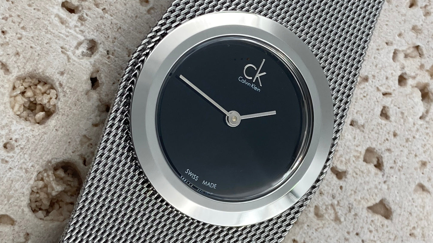 New Swiss Made CALVIN KLEIN Impulsive Black Dial Steel Mesh Ladies Watch