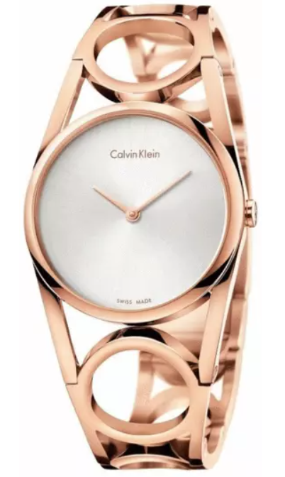 Neue, in der Schweiz hergestellte CALVIN KLEIN-Damenuhr mit rundem, silbernem Zifferblatt und kleiner Roségold-PVD-Beschichtung