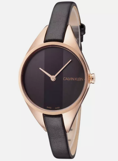 Neue, in der Schweiz hergestellte CALVIN KLEIN Rebel-Quarzuhr mit schwarzem Zifferblatt für Damen