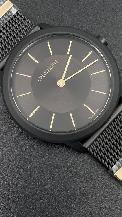 Neue, in der Schweiz hergestellte CALVIN KLEIN Minimal Quartz Damenuhr mit schwarzem Zifferblatt