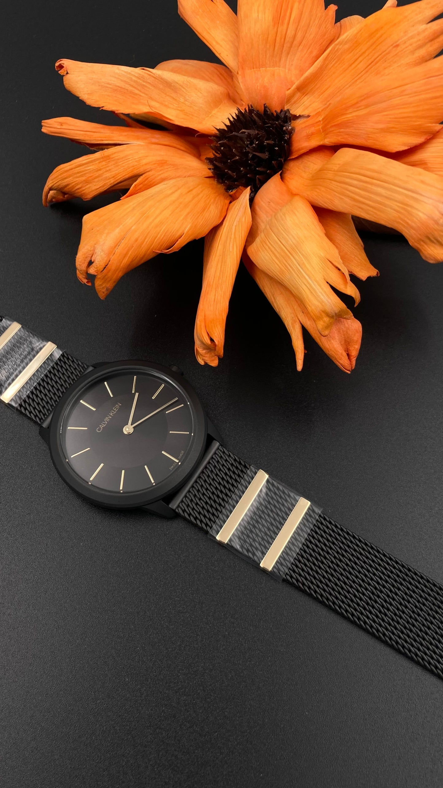 Neue, in der Schweiz hergestellte CALVIN KLEIN Minimal Quartz Damenuhr mit schwarzem Zifferblatt