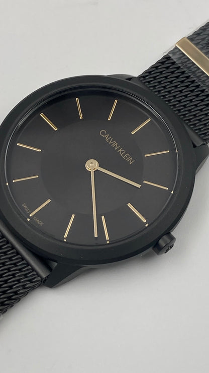 Neue, in der Schweiz hergestellte CALVIN KLEIN Minimal Quartz Damenuhr mit schwarzem Zifferblatt