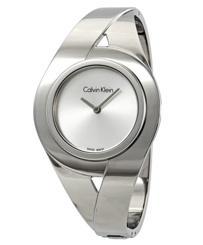 Neue, in der Schweiz gefertigte CALVIN KLEIN Sensual Damenuhr mit mittlerem Armreif und silbernem Zifferblatt