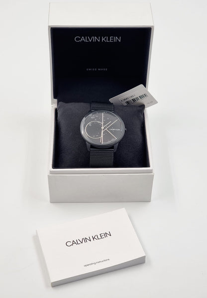 Neue, in der Schweiz hergestellte CALVIN KLEIN Minimal Quartz Herrenuhr mit schwarzem Zifferblatt
