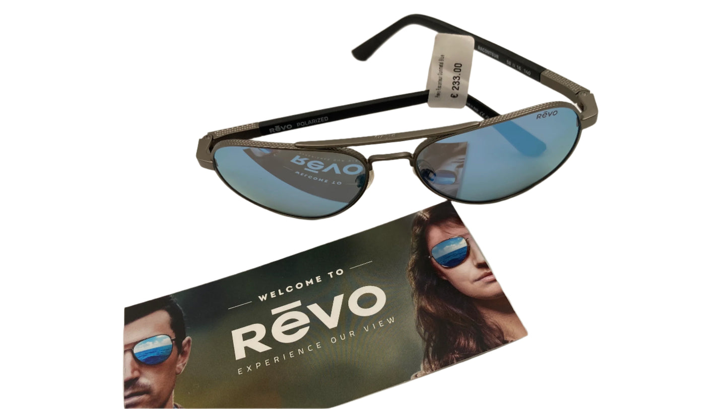 Sunglasses with blue reflective lenses on a Revo branded standee.