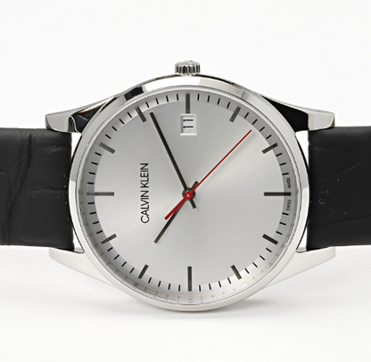 New Swiss Made CALVIN KLEIN Time Black Leather Strap Men's Quartz Watch