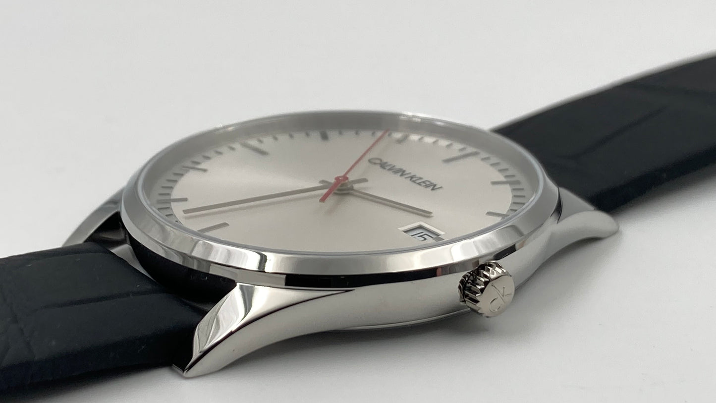 New Swiss Made CALVIN KLEIN Time Black Leather Strap Men's Quartz Watch