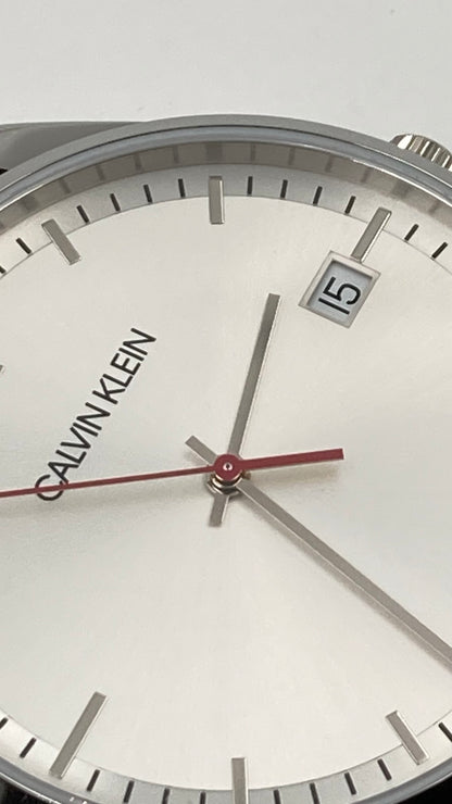 New Swiss Made CALVIN KLEIN Time Black Leather Strap Men's Quartz Watch