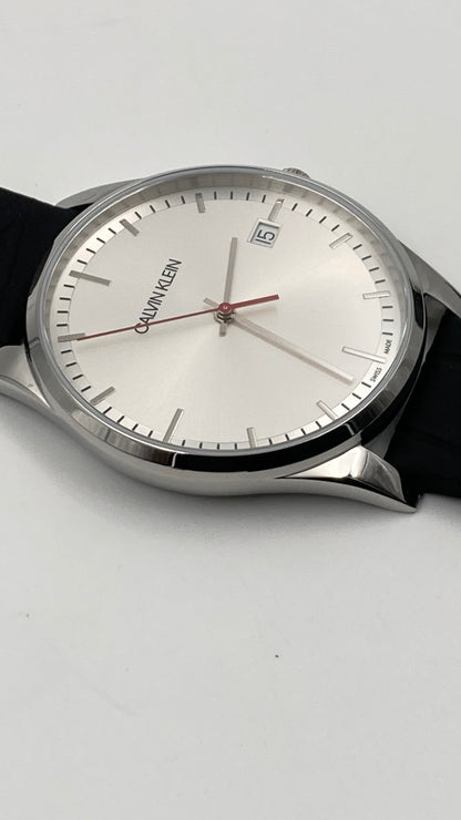 New Swiss Made CALVIN KLEIN Time Black Leather Strap Men's Quartz Watch