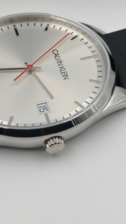 New Swiss Made CALVIN KLEIN Time Black Leather Strap Men's Quartz Watch