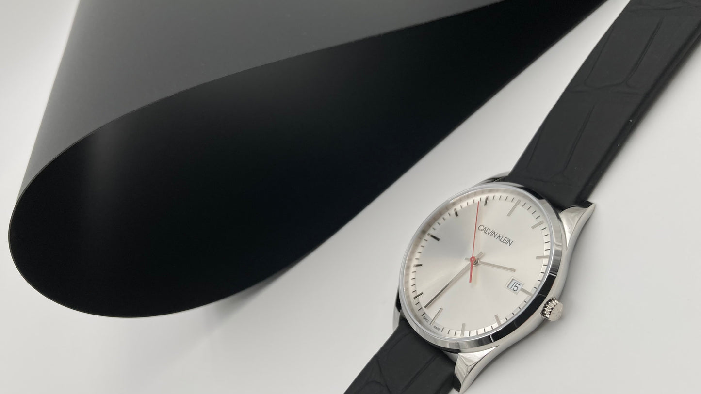 New Swiss Made CALVIN KLEIN Time Black Leather Strap Men's Quartz Watch