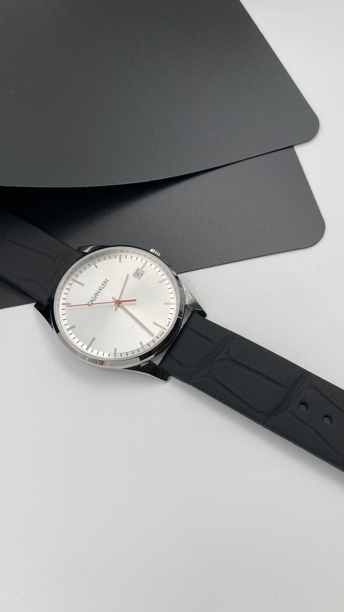 New Swiss Made CALVIN KLEIN Time Black Leather Strap Men's Quartz Watch