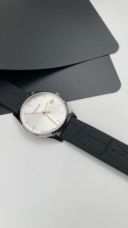 New Swiss Made CALVIN KLEIN Time Black Leather Strap Men's Quartz Watch