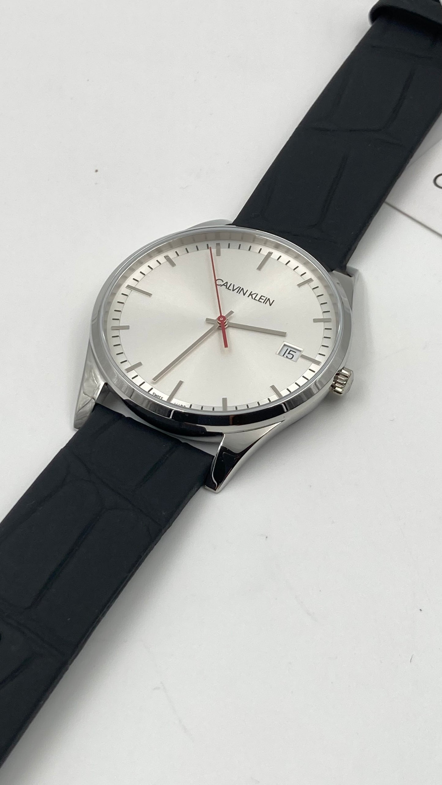 New Swiss Made CALVIN KLEIN Time Black Leather Strap Men's Quartz Watch
