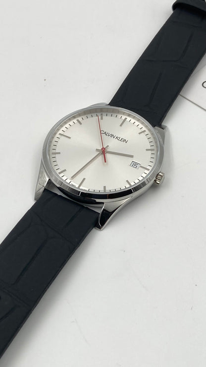 New Swiss Made CALVIN KLEIN Time Black Leather Strap Men's Quartz Watch