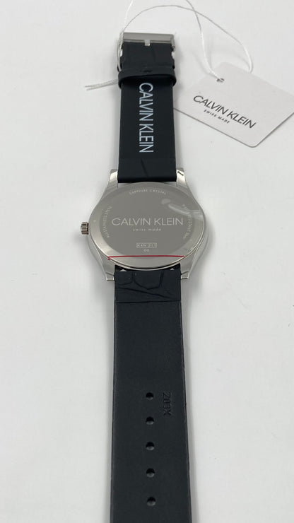 New Swiss Made CALVIN KLEIN Time Black Leather Strap Men's Quartz Watch