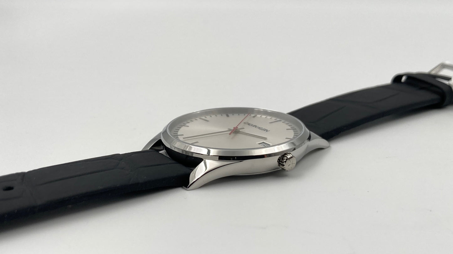 New Swiss Made CALVIN KLEIN Time Black Leather Strap Men's Quartz Watch